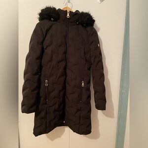 Womens Calvin Klein Black Puffer Long Winter Coat Faux Fur Hood Size Small